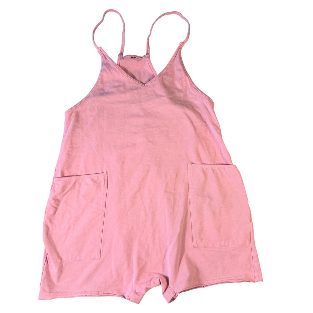 Pink Sleeveless V-Neck Racerback Jersey Romper with Pockets Summer Casual S